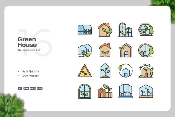 Green House Colored Icons for Creative Projects