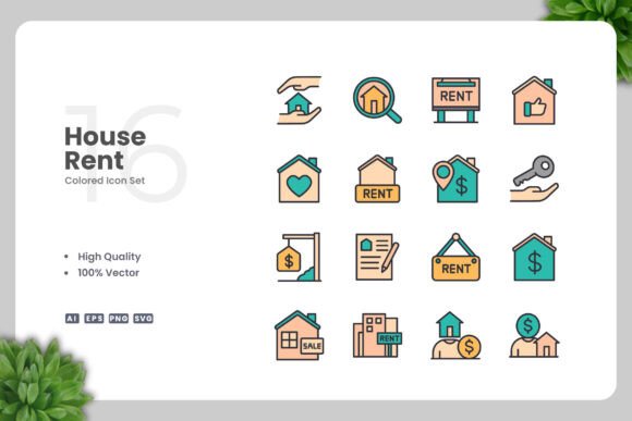 House Rent Color Icons: Simple and Clean Design